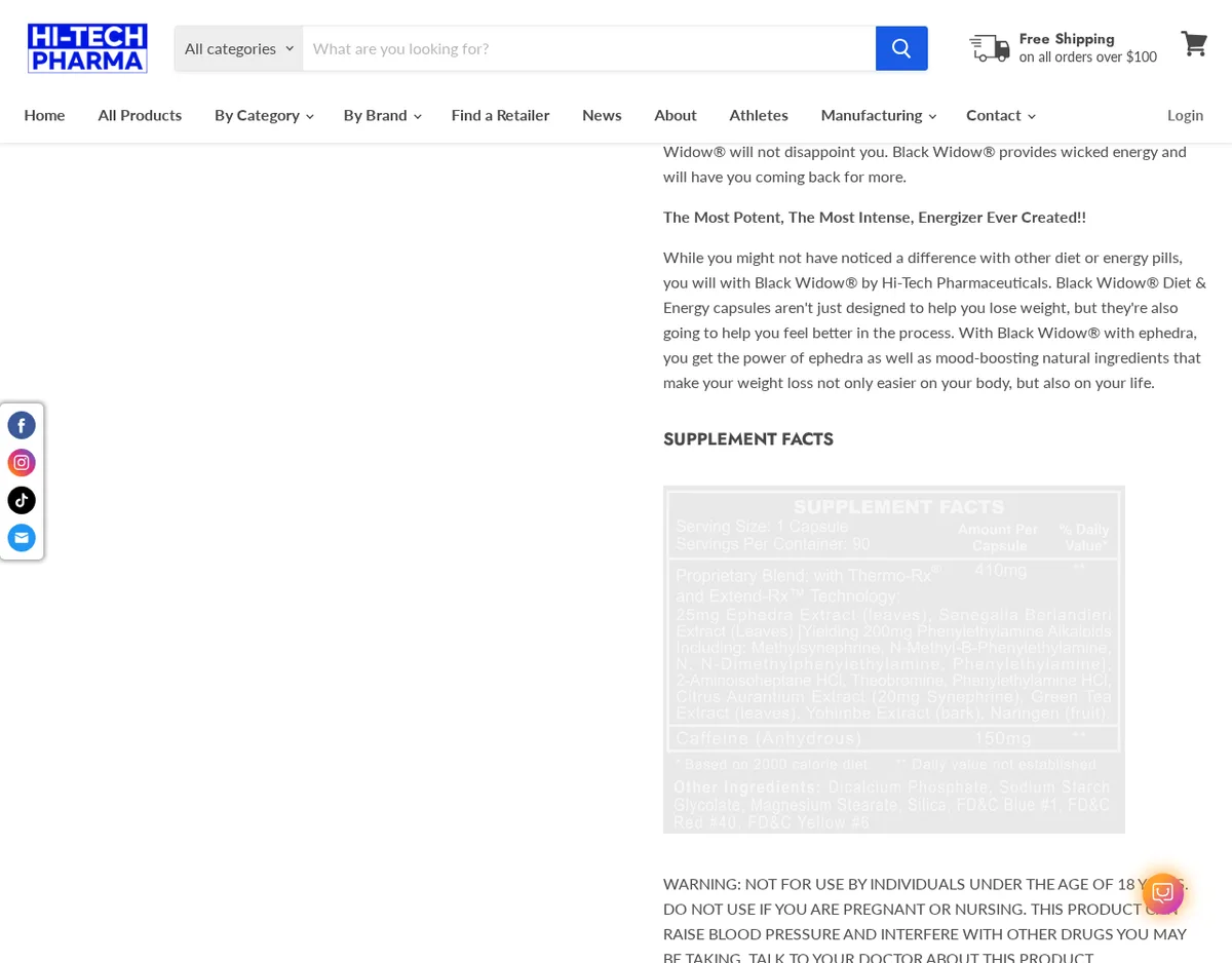 The Black Widow product page in April 2026 with a Supplement Facts panel: a 410 mg proprietary blend of 25 mg ephedra extract, Senegalia berlandieri extract yielding 200 mg phenylethylamine alkaloids, 2-aminoisoheptane HCl, theobromine, phenylethylamine HCl, citrus aurantium extract with 20 mg synephrine, green tea extract, yohimbe extract and naringen, plus 150 mg caffeine.