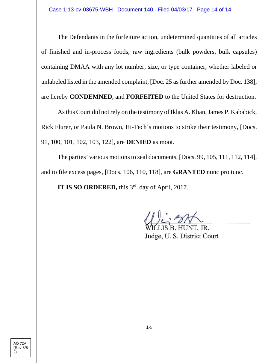 The last page of the April 2017 order in case 1:13-cv-03675, condemning and forfeiting for destruction all articles containing DMAA listed in the amended complaint, signed by Judge Willis B. Hunt, Jr. on 3 April 2017.