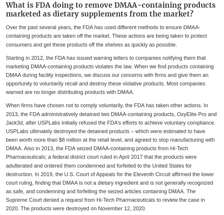 A section of the FDA page DMAA in Products Marketed as Dietary Supplements, headed What is FDA doing to remove DMAA-containing products from the market, describing the 2013 detention of OxyElite Pro and Jack3d, the 2013 seizure of DMAA products from Hi-Tech Pharmaceuticals, the 2017 and 2019 rulings, the Supreme Court's refusal in 2020, and the destruction of the products on November 12, 2020.