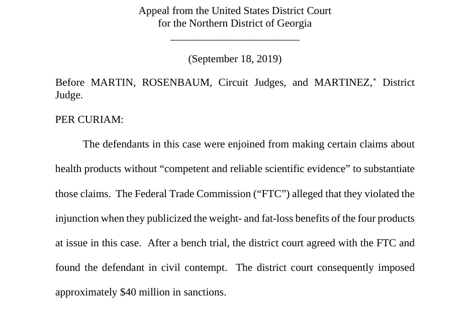 Part of page 2 of the Eleventh Circuit opinion of 18 September 2019 in No. 17-15695, saying the defendants were enjoined from making health claims without competent and reliable scientific evidence, that the district court found contempt after a bench trial, and that it imposed approximately 40 million dollars in sanctions.