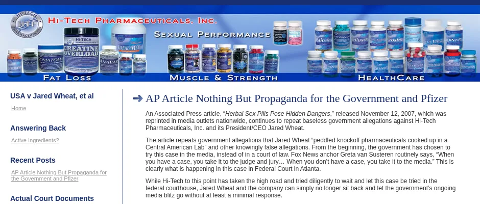 The Hi-Tech Pharmaceuticals web page in early 2008: a banner of supplement bottles over the words Fat Loss, Muscle and Strength and HealthCare, a sidebar headed USA v Jared Wheat, et al, and a post titled AP Article Nothing But Propaganda for the Government and Pfizer.