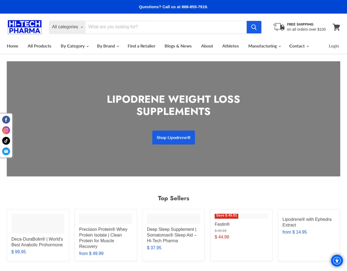 The Hi-Tech Pharma home page in August 2026: a banner reading Lipodrene Weight Loss Supplements, Shop Lipodrene, and a Top Sellers row listing Deca-DuraBolin, World's Best Anabolic Prohormone, Precision Protein, Somatomax sleep aid, Fastin and Lipodrene with Ephedra Extract.