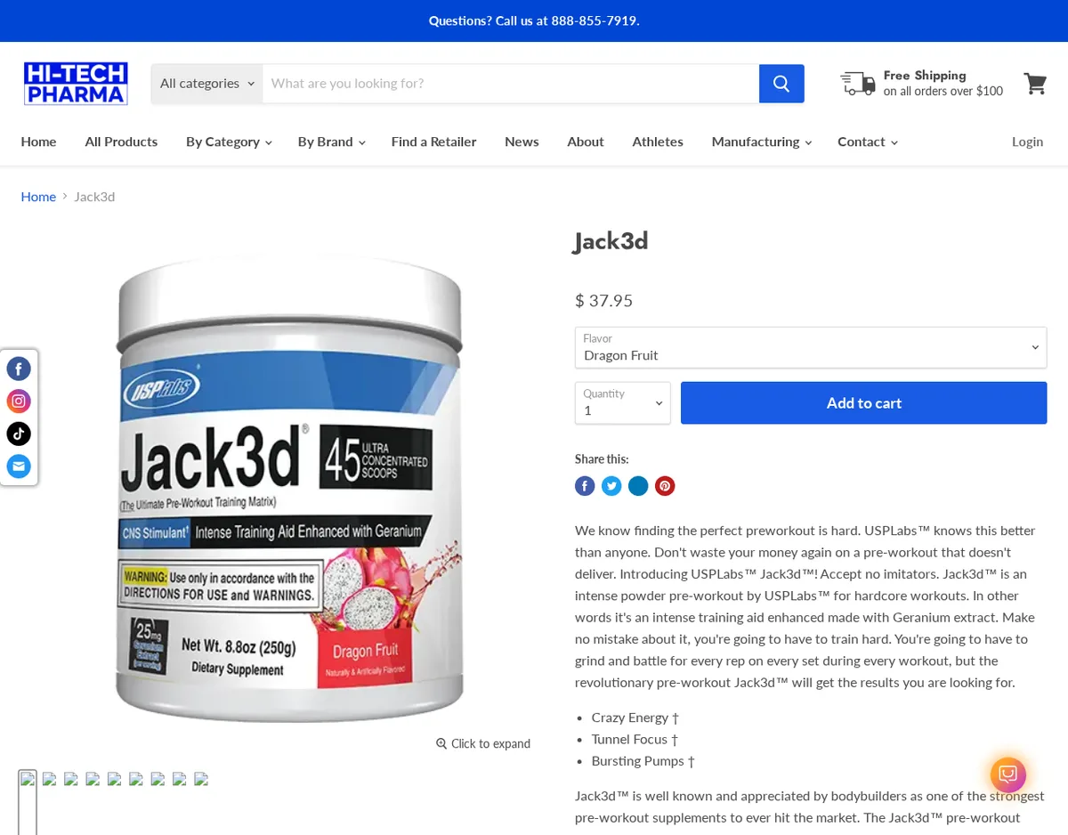 The Jack3d product page on hitechpharma.com in April 2026: a USPlabs Jack3d tub labelled CNS Stimulant, Intense Training Aid Enhanced with Geranium, with a badge reading 25 mg Geranium Extract, and text saying Jack3d is by USPLabs and enhanced with Geranium extract.