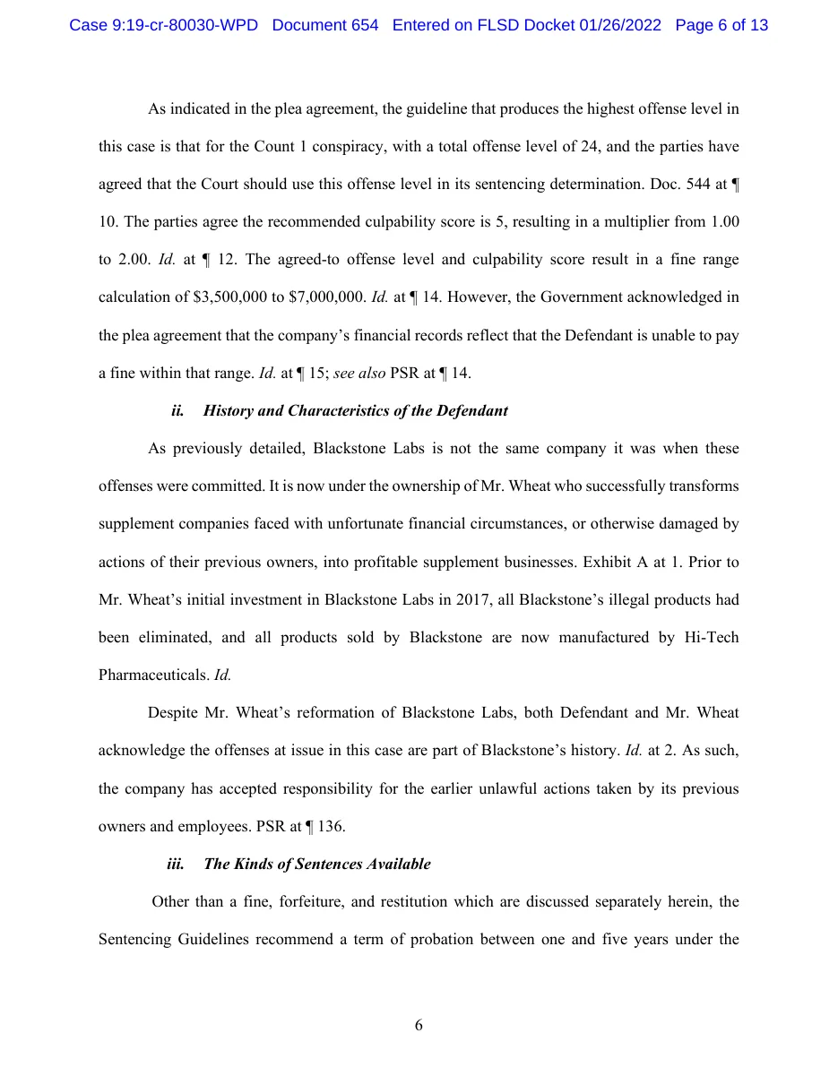 Page 6 of Blackstone Labs' sentencing memorandum of 26 January 2022, saying Blackstone is now under the ownership of Mr. Wheat and that all products sold by Blackstone are now manufactured by Hi-Tech Pharmaceuticals.