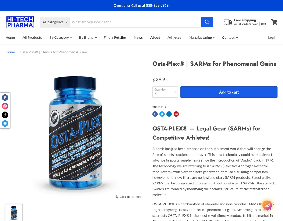 The Osta-Plex product page in April 2026: a blue bottle labelled The Most Powerful Selective Androgen Receptor Modulator Ever Developed, and the heading Osta-Plex, Legal Gear (SARMs) for Competitive Athletes.