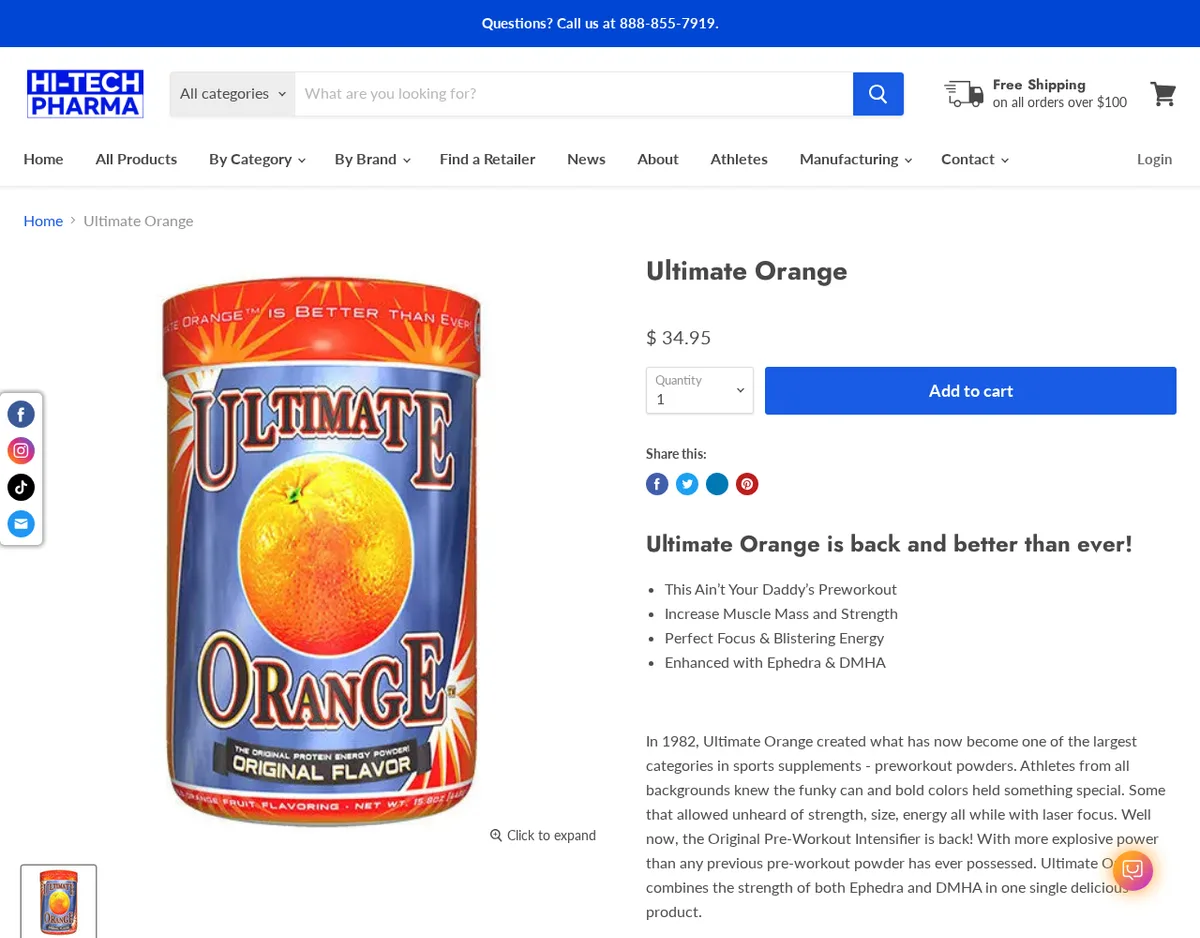 The Ultimate Orange product page in April 2026: a retro orange tub, and bullet points including Enhanced with Ephedra and DMHA, above text saying the product combines the strength of both ephedra and DMHA.