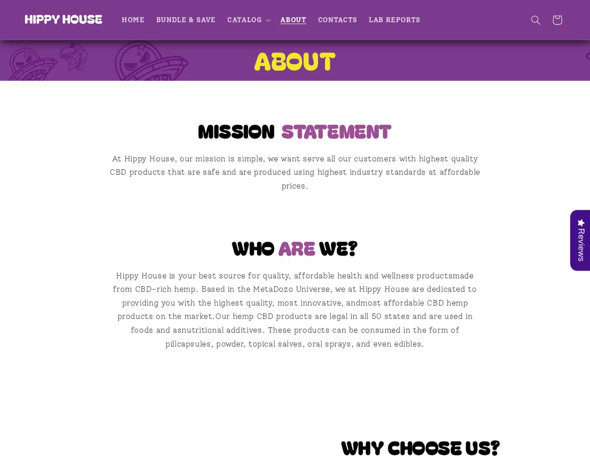 The Hippy House About page in March 2024: a Mission Statement about CBD products and a Who are we? paragraph saying the shop is based in the MetaDozo Universe and that its hemp CBD products are legal in all 50 states.