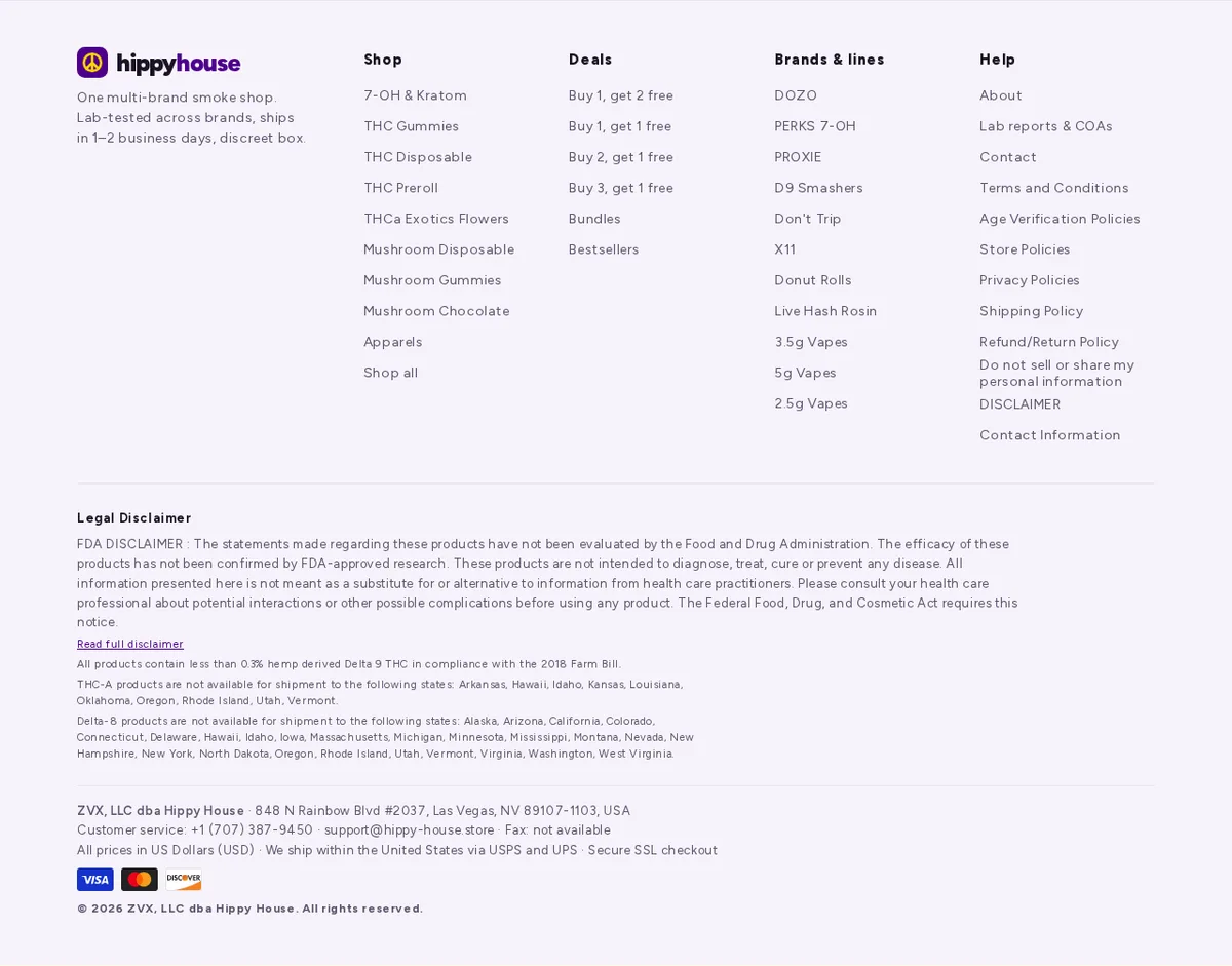 The Hippy House footer: columns for Shop, Deals, Brands and lines (DOZO, PERKS 7-OH, PROXIE, D9 Smashers, Don't Trip, X11, Donut Rolls, Live Hash Rosin and vape sizes) and Help; an FDA disclaimer; state shipping lists; and the line ZVX, LLC dba Hippy House, 848 N Rainbow Blvd #2037, Las Vegas, NV 89107-1103.