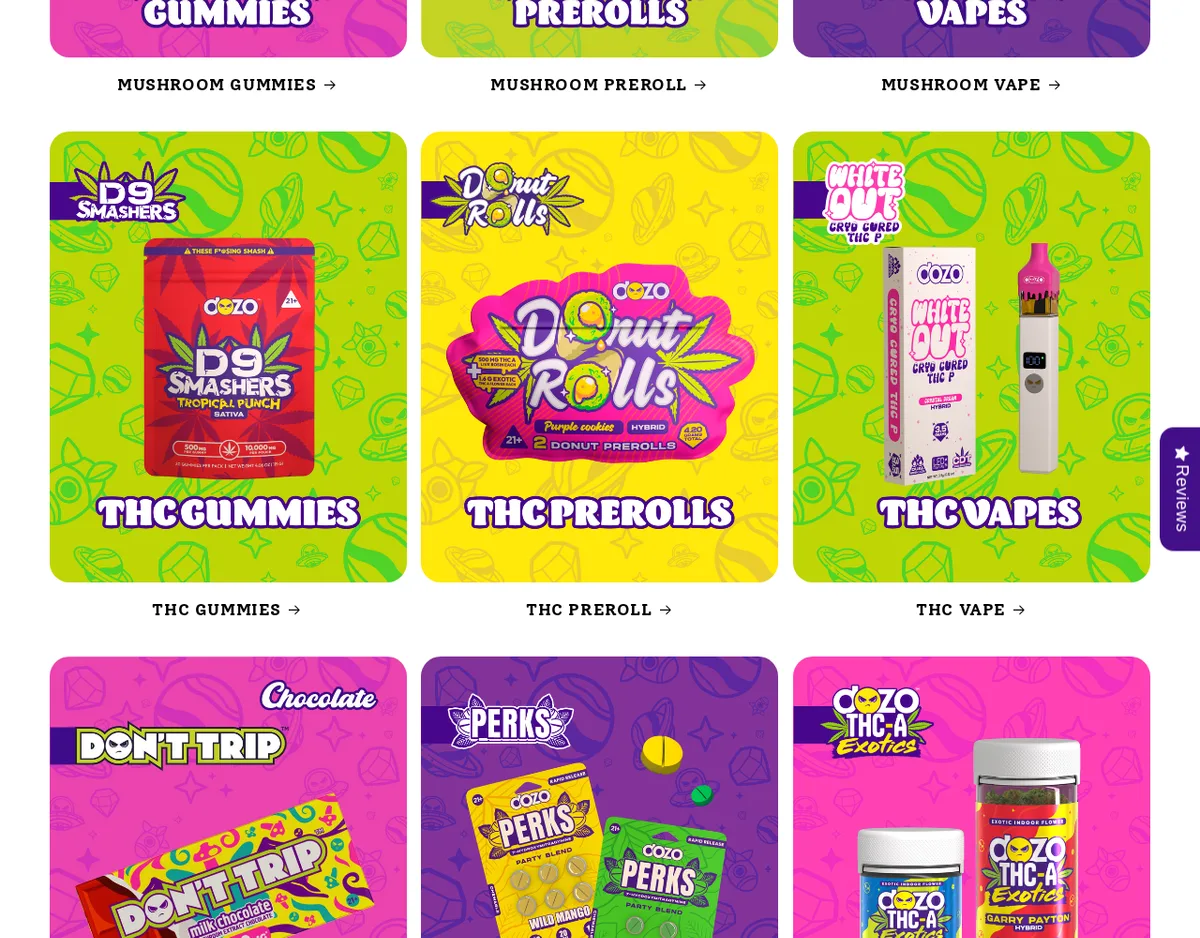 Category tiles on the Hippy House home page in December 2024: D9 Smashers THC gummies, Donut Rolls prerolls, White Out vapes, Don't Trip chocolate, Perks tablets in Wild Mango and Party Blend packs, and Dozo THC-A Exotics flower jars, all with Dozo branding.