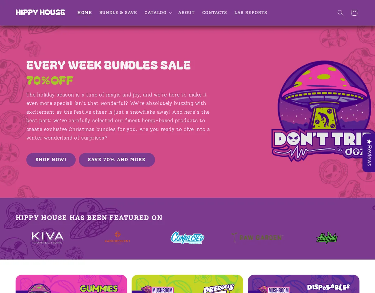 The Hippy House home page in March 2024: a purple header, a holiday banner reading Every week bundles sale 70% off, a Don't Trip by Dozo mushroom logo, and a strip headed Hippy House has been featured on with five cannabis brand logos.