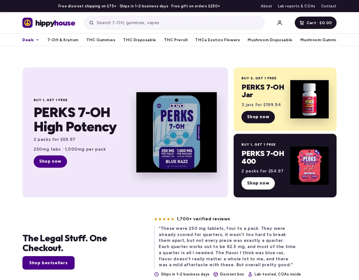 The redesigned Hippy House home page on 2026-10-12: a lead tile for PERKS 7-OH High Potency, 250 mg tabs, 1,000 mg per pack, buy one get one free, with a Dozo Perks Blue Razz card; smaller tiles for a PERKS 7-OH jar and PERKS 7-OH 400; a block headed The Legal Stuff. One Checkout.