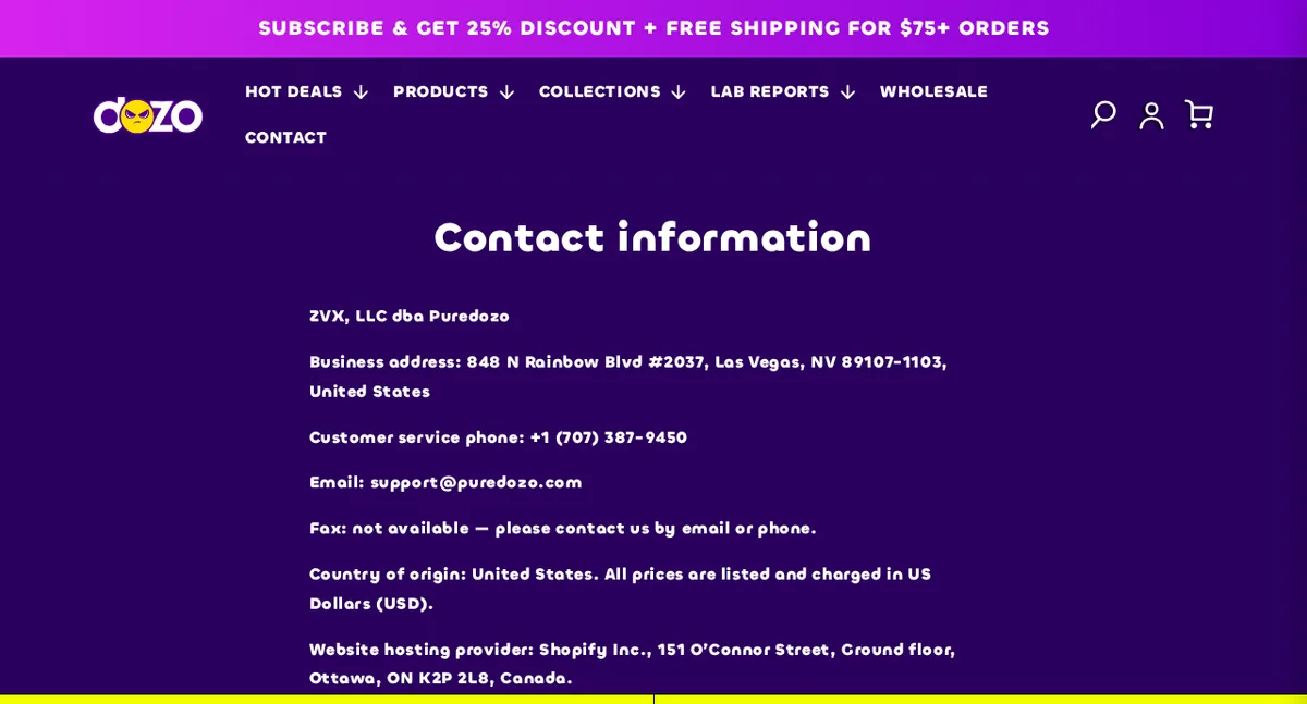 The Dozo store's contact information page in September 2026: ZVX, LLC dba Puredozo; business address 848 N Rainbow Blvd #2037, Las Vegas, NV 89107-1103; customer service phone +1 (707) 387-9450; email at puredozo.com; hosting provider Shopify.