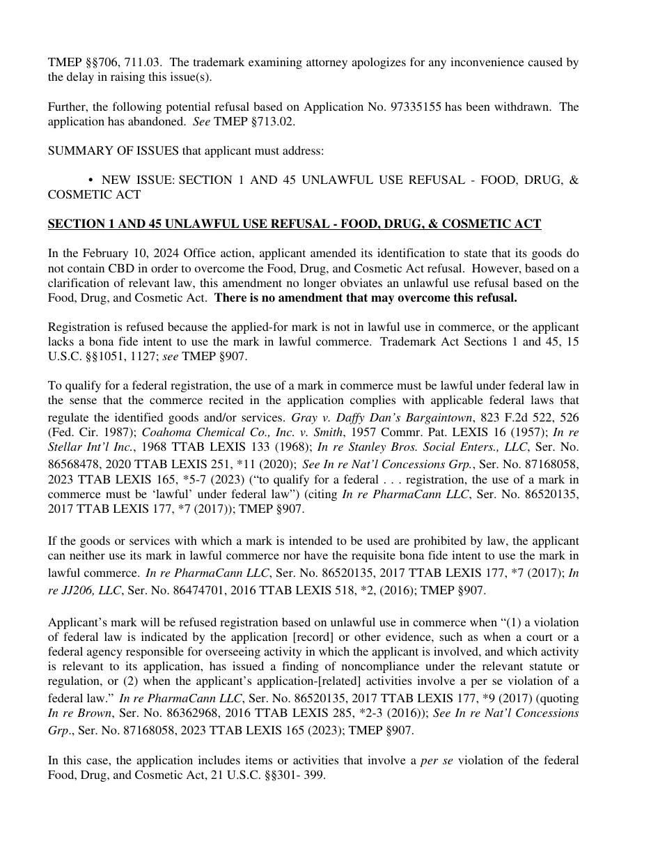 Page 2 of the USPTO nonfinal Office action of August 8, 2026 on SHROOMHEAD: a new issue, Section 1 and 45 unlawful use refusal under the Food, Drug, and Cosmetic Act; the applicant's earlier no-CBD amendment no longer obviates the refusal; in bold, There is no amendment that may overcome this refusal.