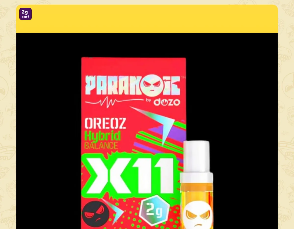 The Hippy House listing for the Dozo X11 Cart, Oreoz: a red box printed PARANOIC by dozo, Oreoz Hybrid Balance, X11, 2g, beside a cartridge with an angry-face logo.