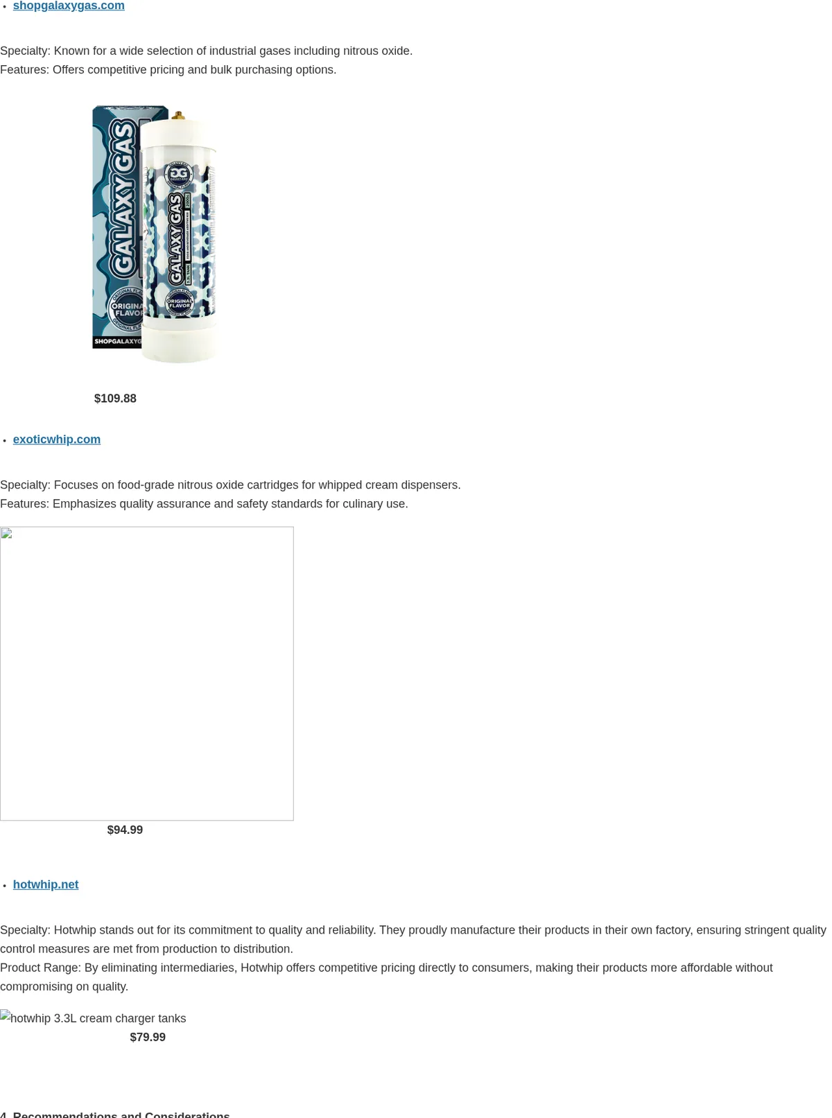 Part of a hotwhip.net blog post: three recommended websites, shopgalaxygas.com with a Galaxy Gas tank pictured at $109.88, exoticwhip.com at $94.99, and hotwhip.net, which proudly manufacture their products in their own factory, at $79.99.