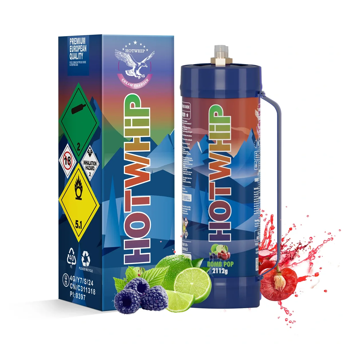 The store's photograph of a 2112g HOTWHIP Bomb Pop tank and box. The box carries PREMIUM EUROPEAN QUALITY, hazard diamonds 2 and 5.1, an 18 age mark, INHALATION HAZARD, and the UN packaging code 4G/Y7/S/24 CN/C311318.