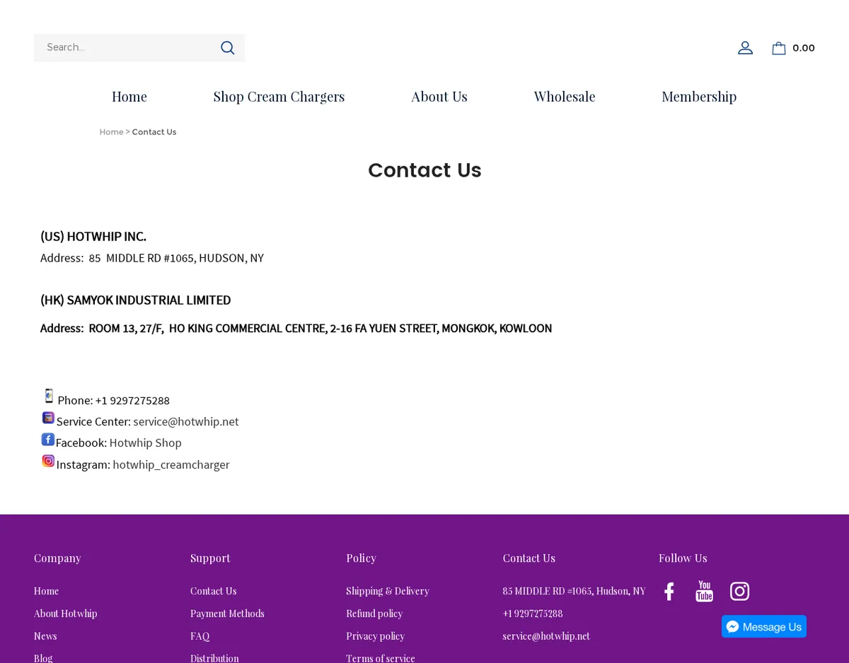 The Contact Us page in September 2024: (US) HOTWHIP INC., 85 Middle Rd #1065, Hudson, NY, and (HK) SAMYOK INDUSTRIAL LIMITED, Room 13, 27/F, Ho King Commercial Centre, 2-16 Fa Yuen Street, Mongkok, Kowloon, with a phone number and Facebook and Instagram handles.