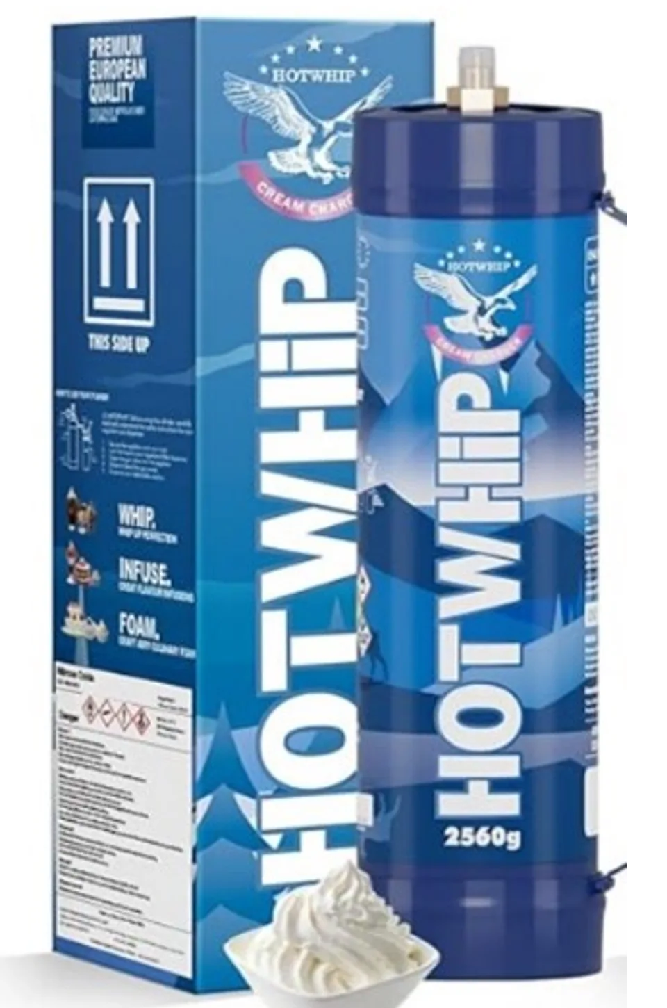 The FDA's product photograph: a blue HOTWHIP tank marked 2560g beside its box, printed with an eagle logo, CREAM CHARGER and PREMIUM EUROPEAN QUALITY.