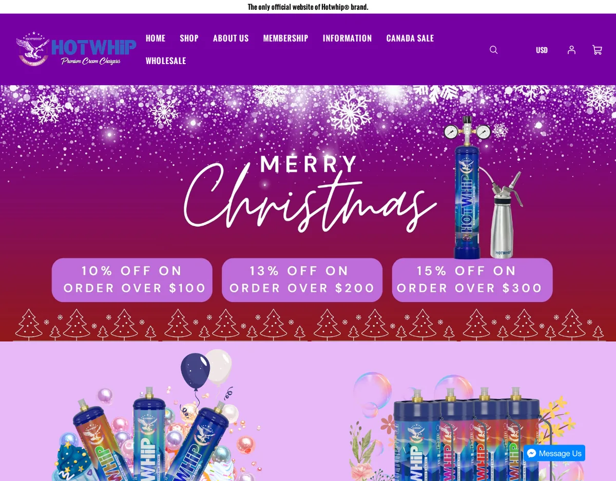The home page in December 2025: a banner reading The only official website of Hotwhip brand, a menu with Canada Sale and Wholesale, and a Merry Christmas sale banner with a HOTWHIP tank fitted with a regulator and a dispenser, 10, 13 and 15 per cent off.