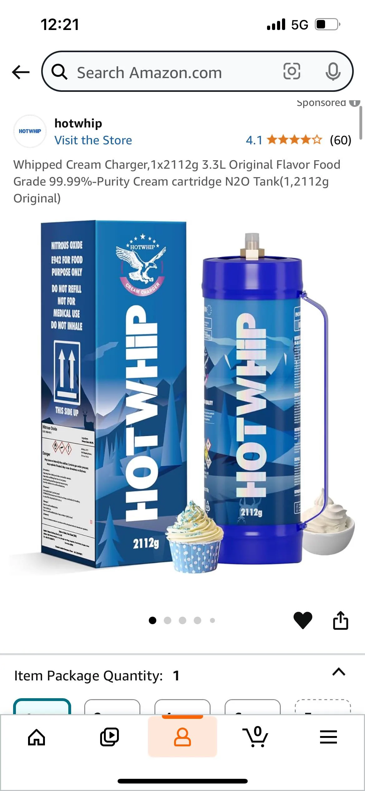 A phone screenshot of a sponsored Amazon listing from the store hotwhip, rated 4.1 from 60 reviews: Whipped Cream Charger, 1x2112g 3.3L Original Flavor Food Grade 99.99%-Purity Cream cartridge N2O Tank, with a blue tank and a box reading Nitrous Oxide E942 for food purpose only, do not refill, not for medical use, do not inhale.