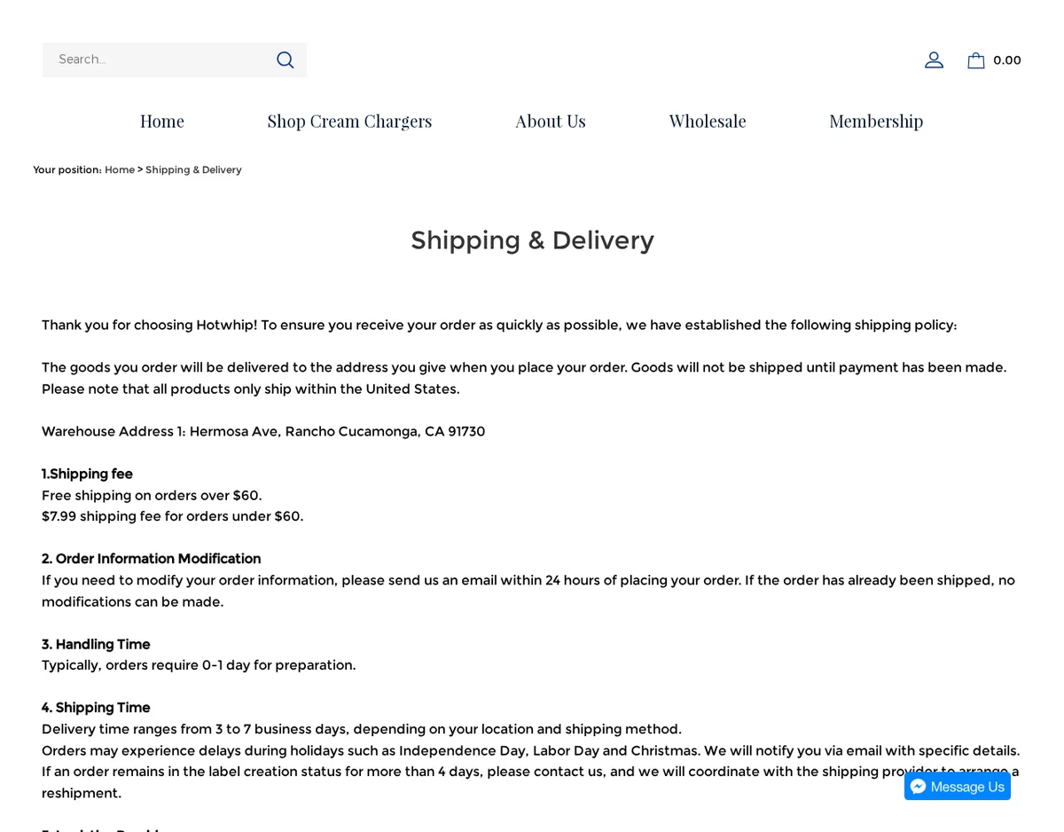 The Shipping and Delivery page in September 2024: all products only ship within the United States; Warehouse Address 1: Hermosa Ave, Rancho Cucamonga, CA 91730; free shipping over $60; delivery in 3 to 7 business days.