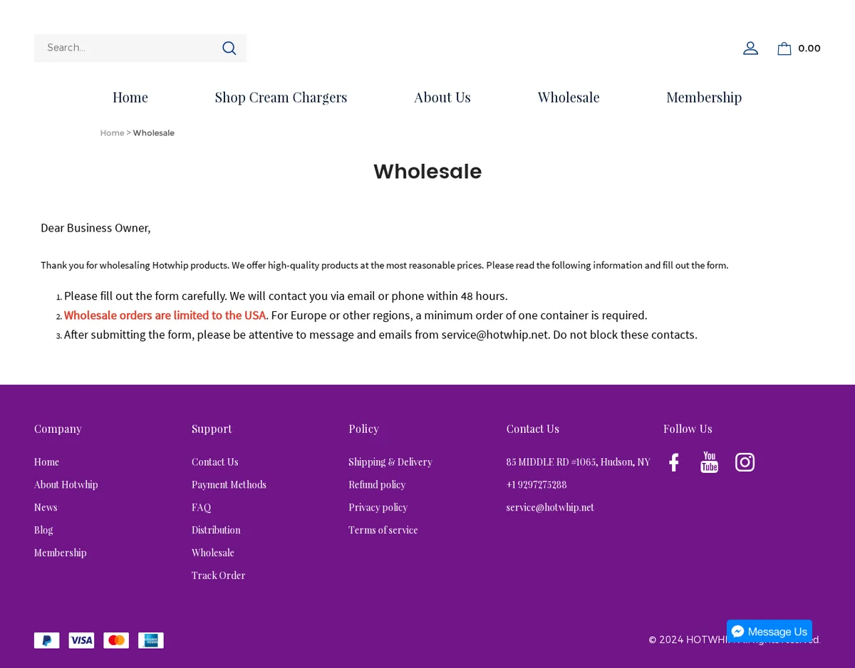 The Wholesale page in September 2024: Dear Business Owner; Wholesale orders are limited to the USA, in red; For Europe or other regions, a minimum order of one container is required.