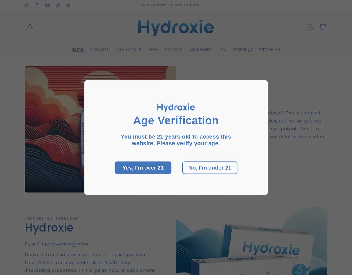 The hydroxie.com home page in October 2024 behind an age-verification box reading You must be 21 years old to access this website, with Yes, I'm over 21 and No, I'm under 21 buttons. The top banner reads Your premier source of pure 7-OH; below, Hydroxie tablet boxes and the line Pure 7-hydroxymitragynine.