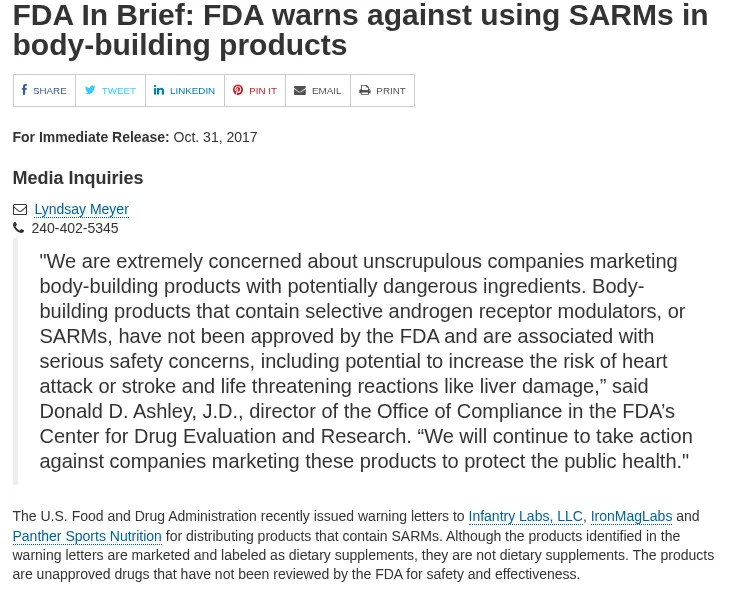 The FDA In Brief page of 31 October 2017, FDA warns against using SARMs in body-building products: a quotation from the director of CDER's Office of Compliance, then a paragraph saying the FDA recently issued warning letters to Infantry Labs, LLC, IronMagLabs and Panther Sports Nutrition for distributing products that contain SARMs, which are not dietary supplements but unapproved drugs.