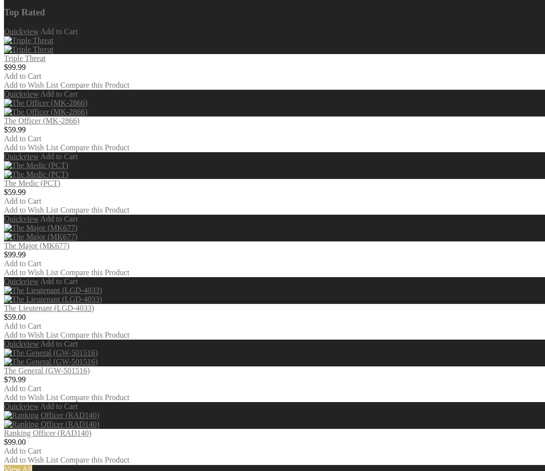 The Top Rated list on the same page: Triple Threat, The Officer (MK-2866), The Medic (PCT), The Major (MK677), The Lieutenant (LGD-4033), The General (GW-501516) and Ranking Officer (RAD140), each with a price and an Add to Cart link. The product photographs did not survive in the archive.