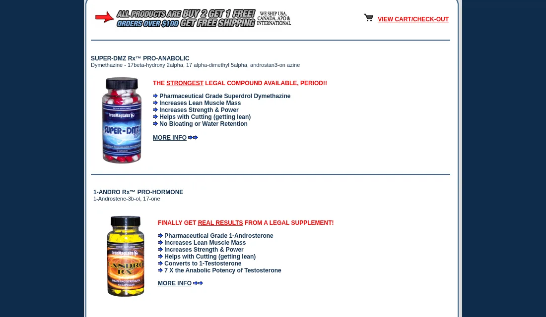 The IronMagLabs home page in December 2010: a red and white bottle labelled Super-DMZ Rx under the heading Super-DMZ Rx Pro-Anabolic, Dymethazine, with a chemical name ending in androstan-3-on azine, the line The strongest legal compound available, period, and Pharmaceutical Grade Superdrol Dymethazine; below it a yellow bottle of 1-Andro Rx.