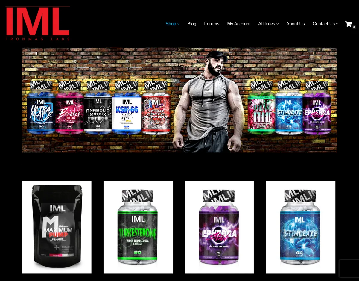 The IronMag Labs home page in September 2026: an IML logo, a banner of a muscular man in front of a brick wall flanked by bottles of Ultra Male, E-Control, Anabolic Matrix, KSM-66 Max, Advanced Cycle Support, Dream N Grow, Stimulate and Ephedra Stack, and below it product tiles for Maximum Pump, Turkesterone, Ephedra Stack and Stimulate, with no age prompt.