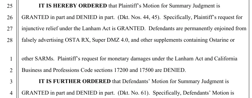 The order of 16 November 2018: the plaintiff's request for an injunction under the Lanham Act is granted, and the defendants are permanently enjoined from falsely advertising OSTA RX, Super DMZ 4.0 and other supplements containing ostarine or other SARMs; the request for money damages is denied.
