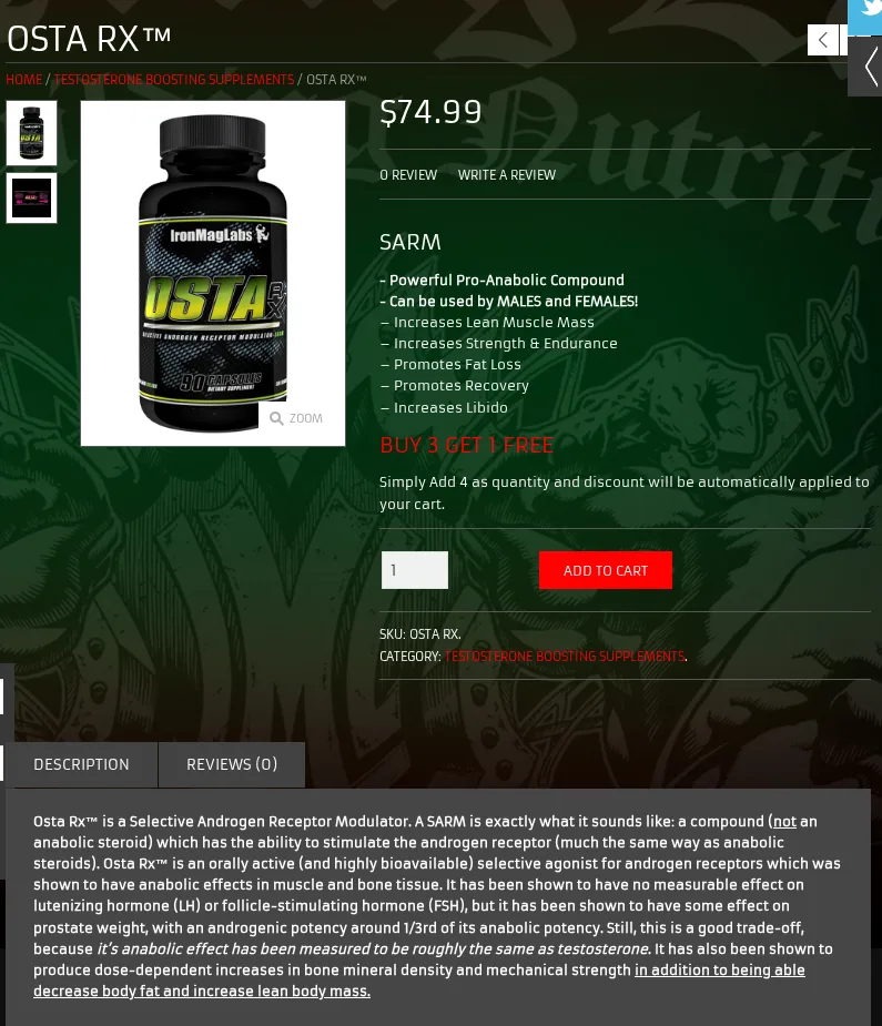The OSTA RX product page in October 2014: a black and yellow bottle labelled Osta Rx, the heading SARM, a list of benefits including Increases Lean Muscle Mass and Can be used by males and females, and a description calling it a selective androgen receptor modulator whose anabolic effect is roughly the same as testosterone.