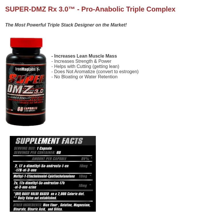 The Super-DMZ Rx 3.0 product page in December 2013: a black bottle, the line The Most Powerful Triple Stack Designer on the Market, and a Supplement Facts panel listing three compounds by chemical name at 10 mg each: 2,17a-dimethyl-5a-androsta-1-en-17B-ol-3-one, Methyl-1-Etiocholenolol-Epietiocholanolone, and 2a,17a-dimethyl-5a-androstan-17b-ol-3-one-azine.