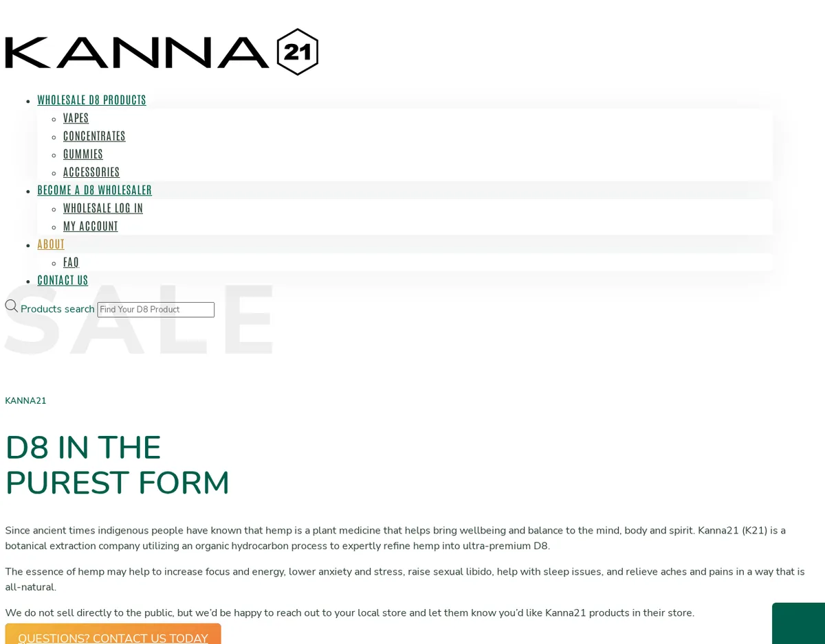 The Kanna21 About page in October 2021, archived without most of its stylesheet: the heading D8 in the Purest Form and three paragraphs calling Kanna21 a botanical extraction company that refines hemp into ultra-premium D8, saying hemp may help raise sexual libido among other things, and saying We do not sell directly to the public.