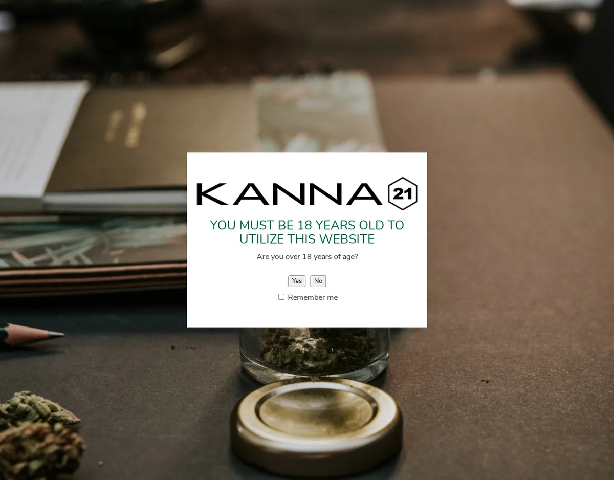 The same July 2021 page under its pop-up: the Kanna21 logo, You must be 18 years old to utilize this website, Are you over 18 years of age, Yes and No buttons and a Remember me box.