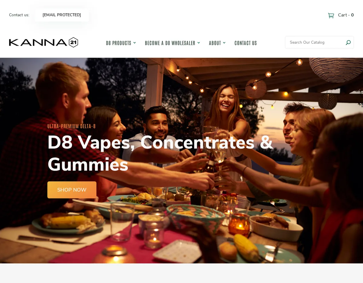 The Kanna21 home page in July 2021: a black KANNA 21 logo in a hexagon, a menu of D8 Products, Become a D8 Wholesaler, About and Contact Us, and a banner photo of young adults toasting at an outdoor dinner under string lights, with the words Ultra-Premium Delta-8, D8 Vapes, Concentrates and Gummies, Shop Now.