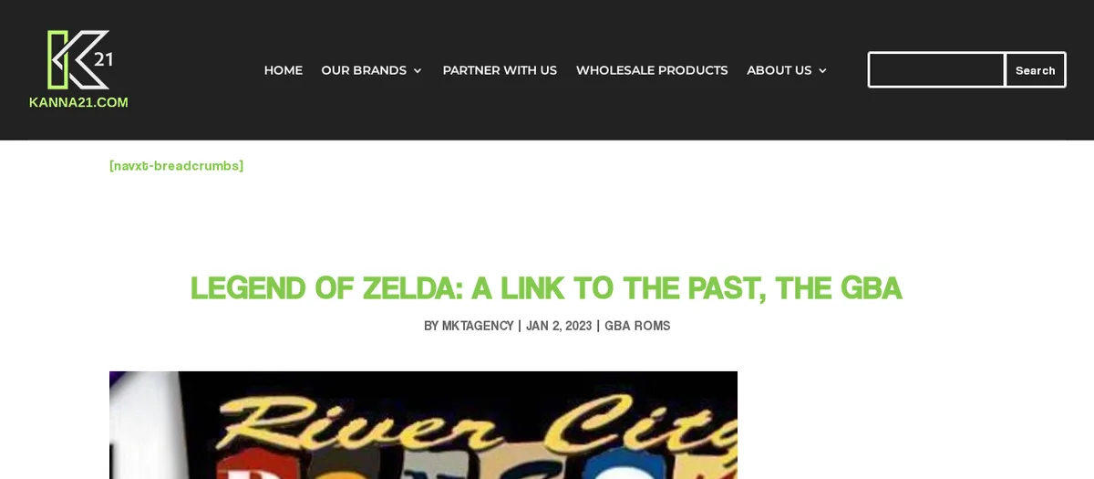A page on kanna21.com in February 2024 under the site's own green K21 logo and menu (Home, Our Brands, Partner With Us, Wholesale Products, About Us): Legend of Zelda: A Link to the Past, the GBA, by mktagency, Jan 2, 2023, GBA ROMs, over a cartoon game cover.
