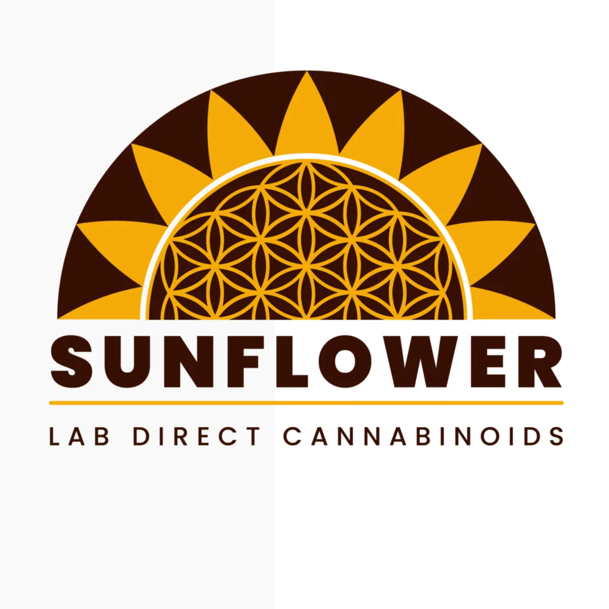 A brown and yellow half-sunflower logo with a flower-of-life pattern at its centre, the word SUNFLOWER and the line Lab Direct Cannabinoids.