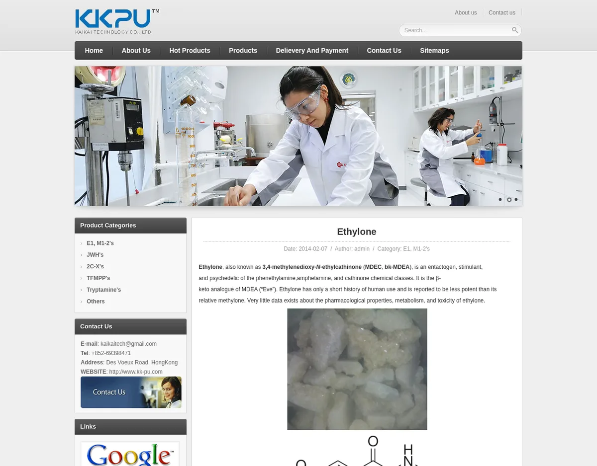 The kk-pu.com ethylone page, dated 2014-02-07, describing ethylone as an entactogen, stimulant and psychedelic with only a short history of human use, above a photograph of off-white crystalline chunks.