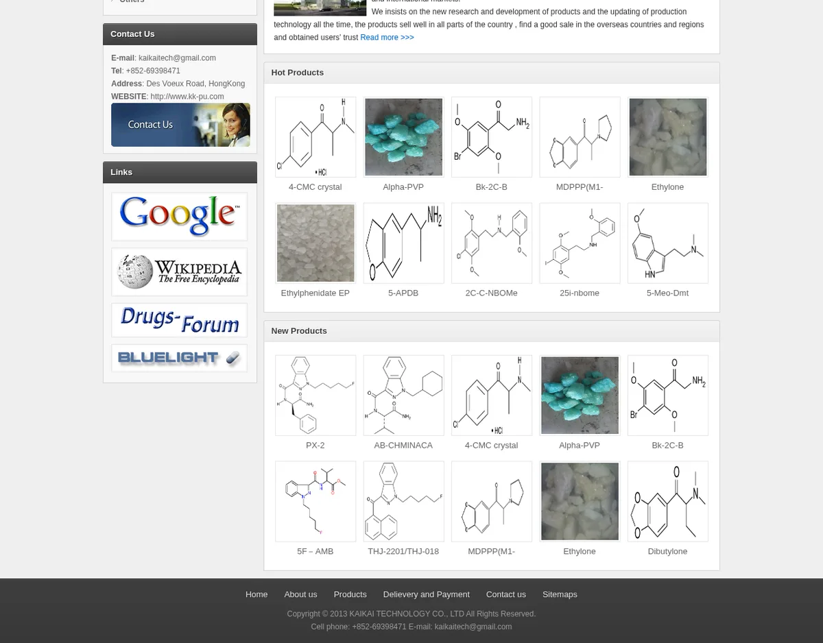 The Hot Products and New Products boxes on kk-pu.com in December 2014: 4-CMC crystal, Alpha-PVP, Bk-2C-B, MDPPP, Ethylone, Ethylphenidate EP, 5-APDB, 2C-C-NBOMe, 25i-nbome, 5-Meo-Dmt, then PX-2, AB-CHMINACA, 5F-AMB, THJ-2201 and Dibutylone. A sidebar links to Drugs-Forum and Bluelight.