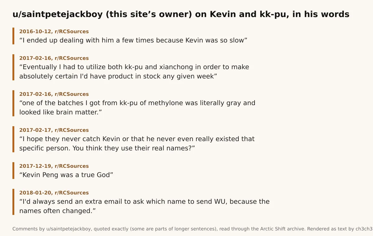Six short quotations from comments by u/saintpetejackboy on r/RCSources between 2016 and 2018 about Kevin and kk-pu, each with its date.