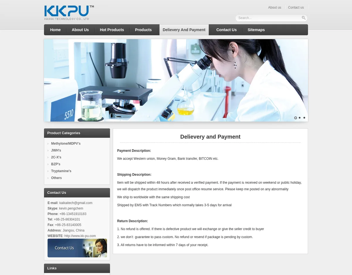 The kk-pu.com Delievery and Payment page in April 2013: payment by Western Union, MoneyGram, bank transfer or bitcoin; shipping by EMS in 3 to 5 days; no refunds, and no guarantee that a parcel will pass customs.