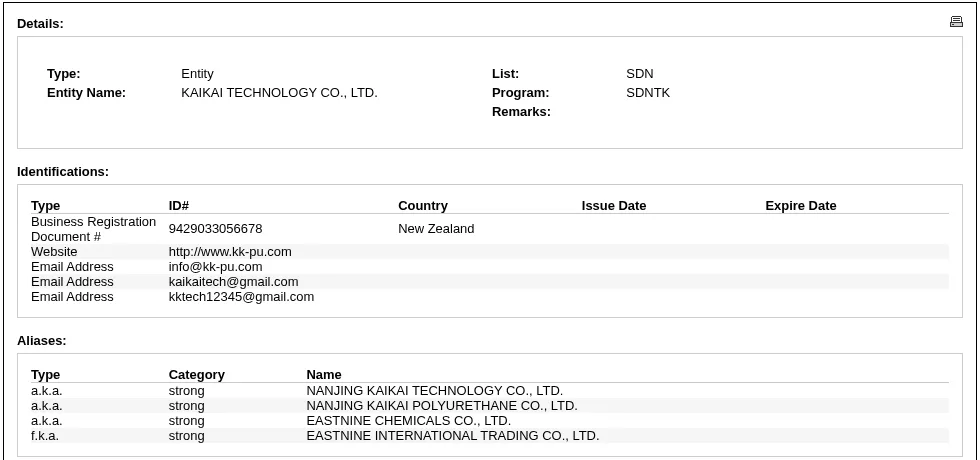 OFAC's detail for Kaikai Technology Co., Ltd. in October 2026: program SDNTK, a New Zealand business registration number, the website kk-pu.com, three email addresses, and four other names marked strong, from Nanjing Kaikai Technology to Eastnine International Trading.