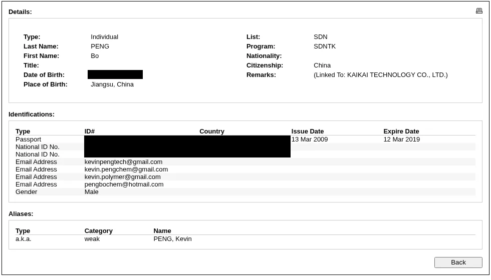 OFAC's Sanctions List Search detail for PENG, Bo in October 2026: list SDN, program SDNTK, citizenship China, linked to Kaikai Technology Co., Ltd., four email addresses, and the alias PENG, Kevin marked weak. Identifiers blacked out.