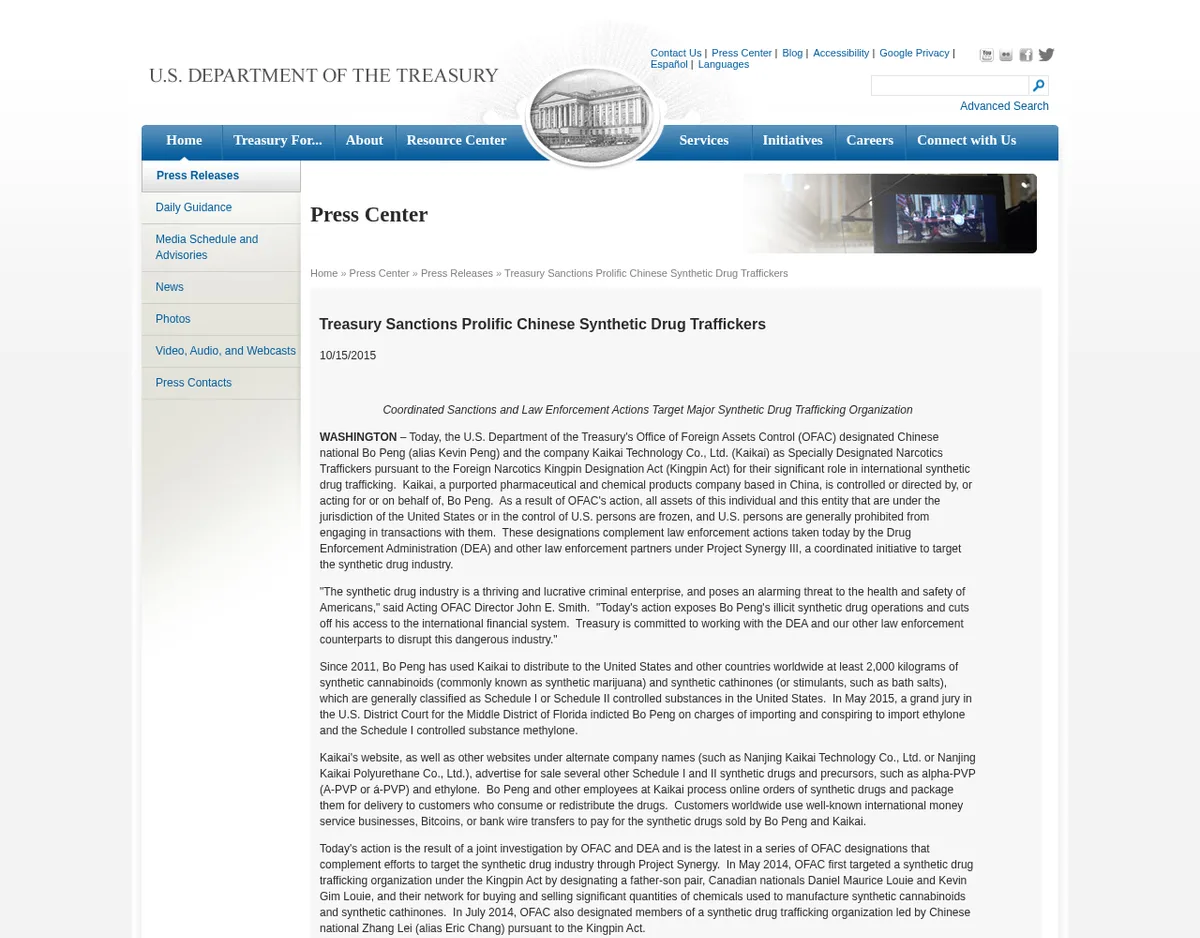 The Treasury press release of October 15, 2015, Treasury Sanctions Prolific Chinese Synthetic Drug Traffickers, as archived three days later.