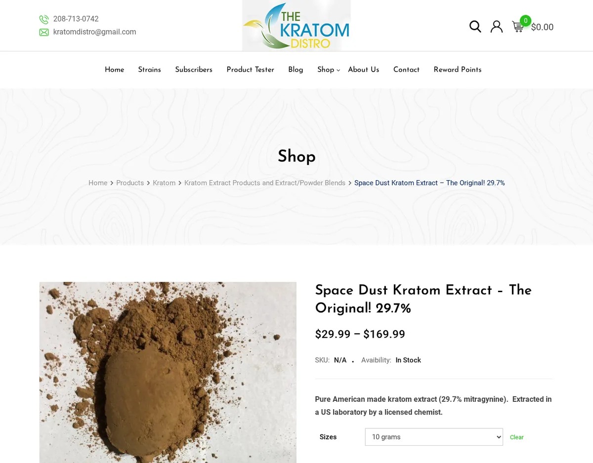 A Kratom Distro product page archived in May 2022: Space Dust Kratom Extract, The Original! 29.7%, in stock, with a photograph of loose brown powder and the line Pure American made kratom extract (29.7% mitragynine). Extracted in a US laboratory by a licensed chemist.