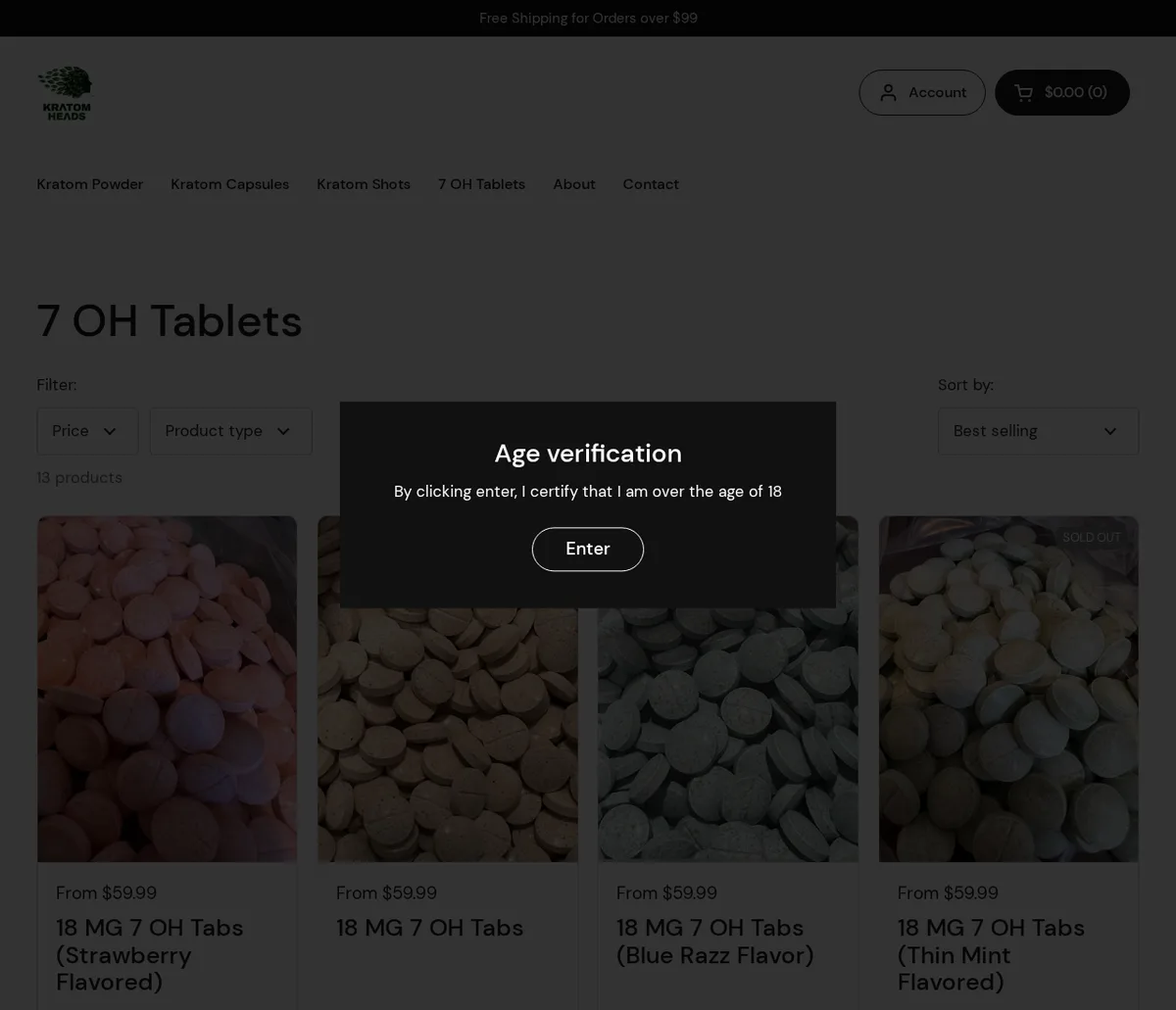 The Kratom Heads 7 OH Tablets collection in November 2024 behind an age verification box reading By clicking enter, I certify that I am over the age of 18, with an Enter button; behind it, four tiles of loose pale tablets labelled 18 MG 7 OH Tabs in strawberry, plain, blue razz and thin mint, 13 products.