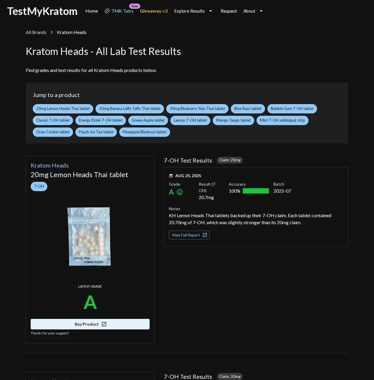 TestMyKratom's Kratom Heads page: fourteen product buttons, then the 20mg Lemon Heads Thai tablet in a clear bag hand-labelled 20mg thai Lemon heads, grade A, 20.7 mg of 7-OH, accuracy 100%, batch 2025-07, and a Buy Product button.