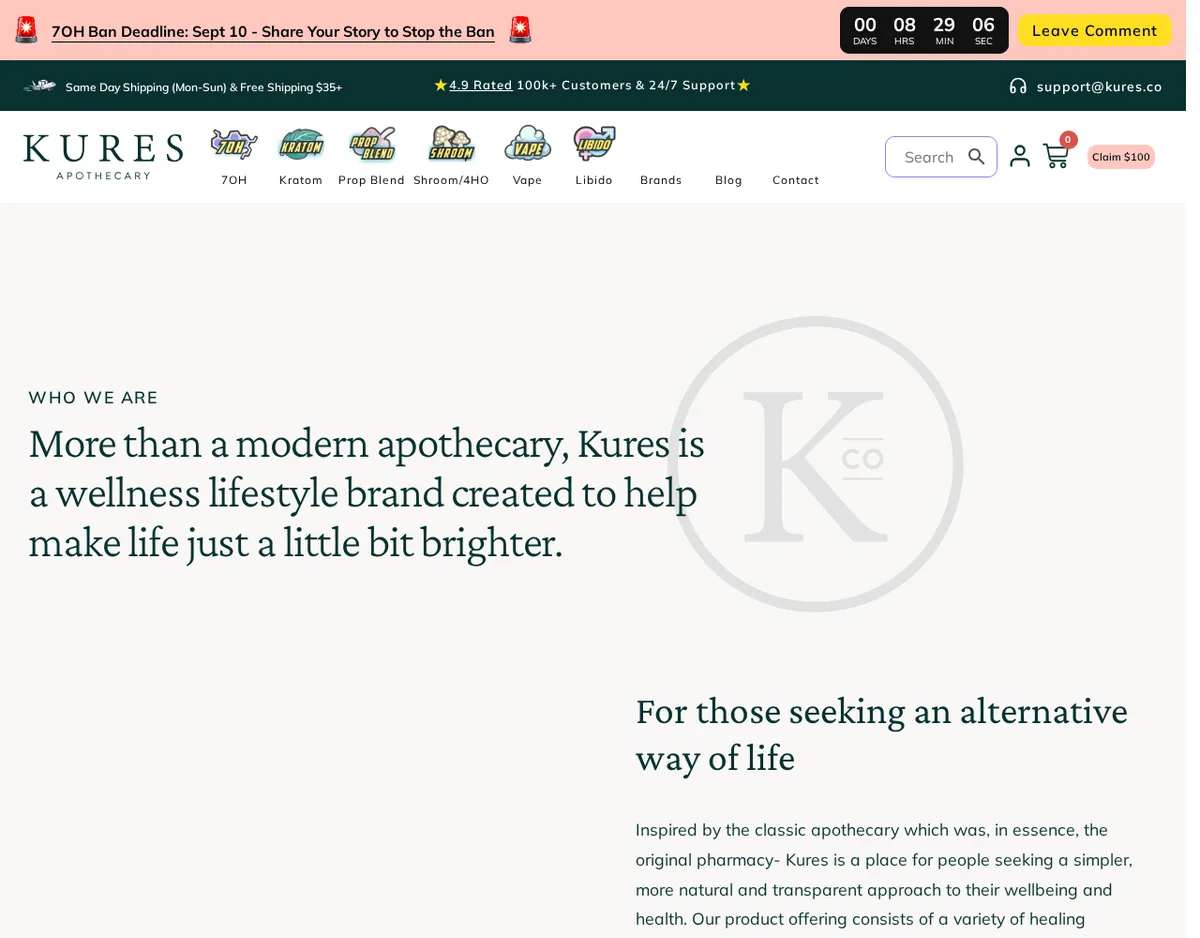 The Kures About page in September 2026: Who We Are, More than a modern apothecary, Kures is a wellness lifestyle brand, under a pink banner counting down to a 7OH ban deadline of Sept 10.